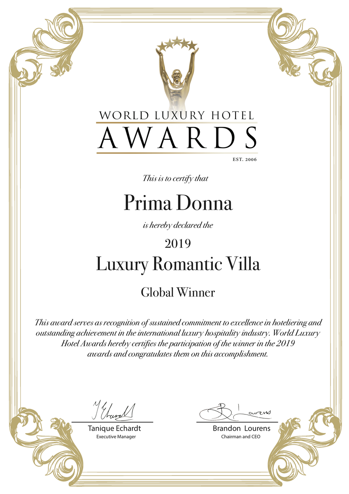 World’s Most Luxury Romantic Villas Award 2019